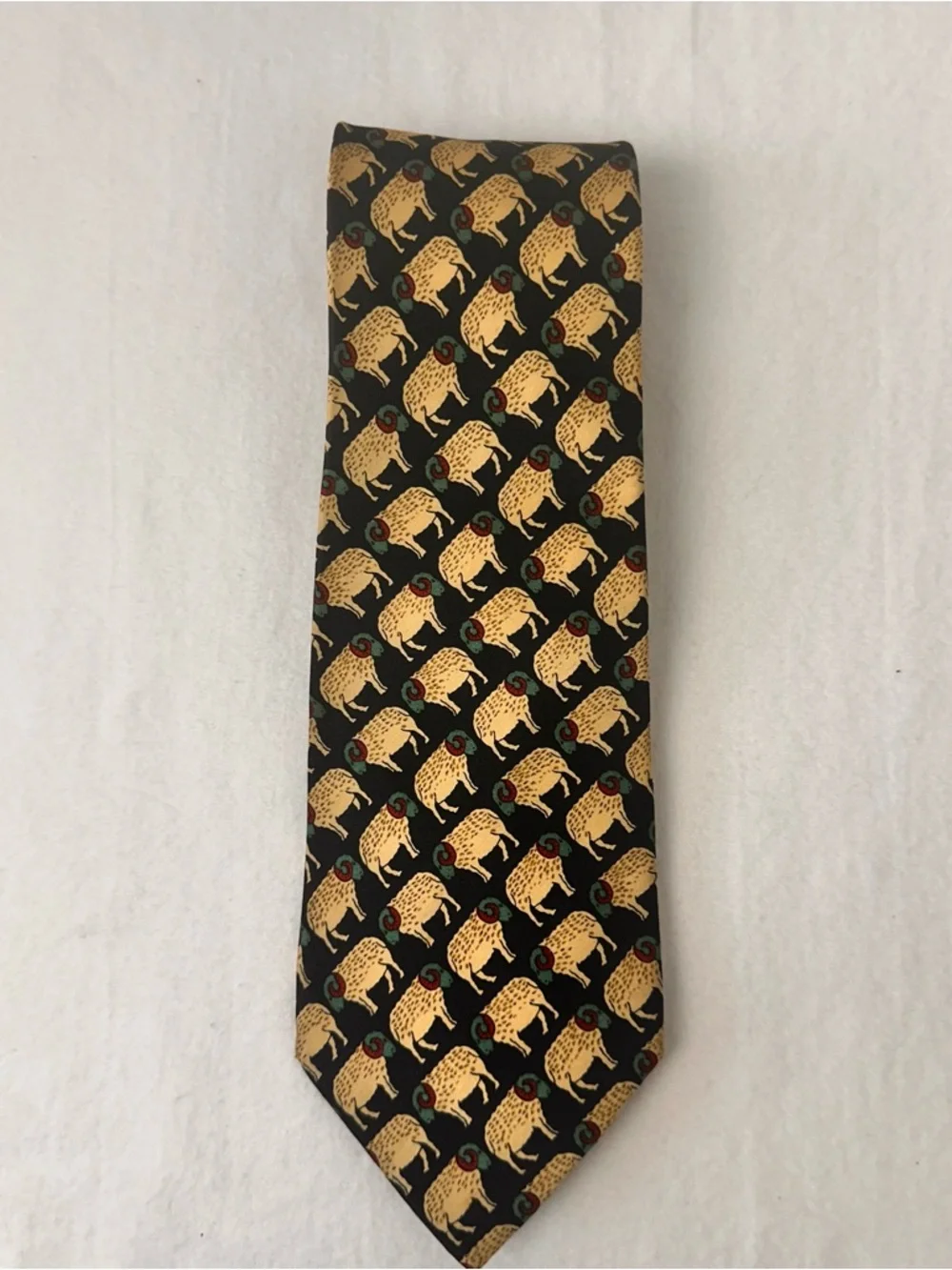 Men's Patterned Black & Gold Wool Tie Ram Sinsabang Tie Vintage Sheep Necktie